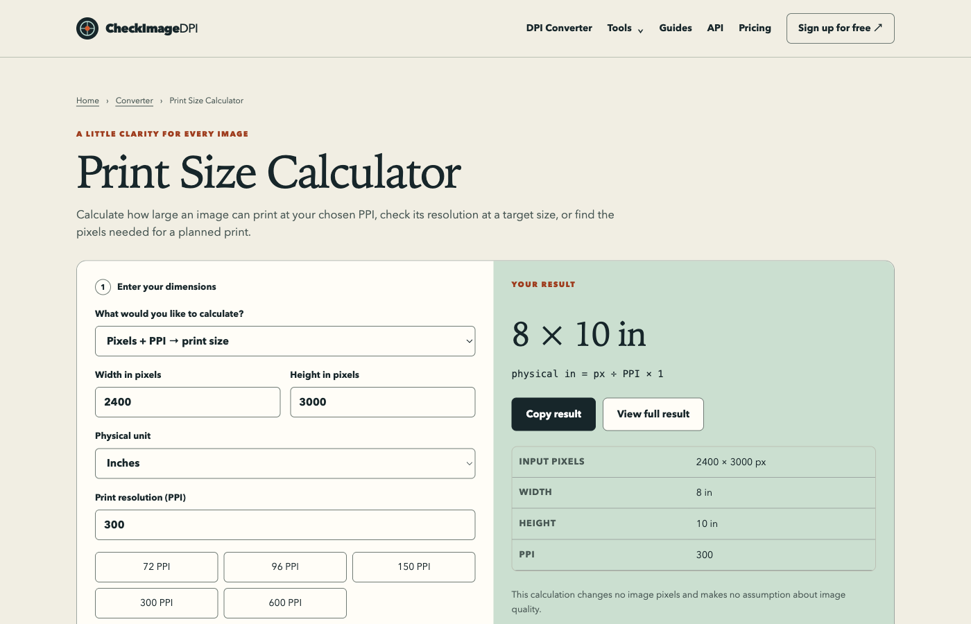 Print Size Calculator result showing the pixels-to-physical-size formula and effective print dimensions.