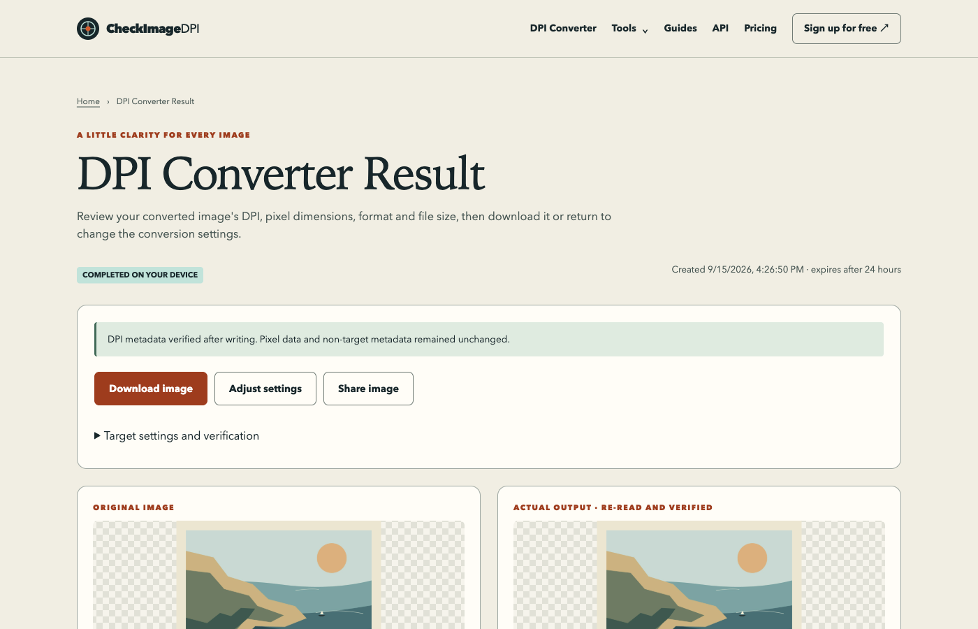 DPI Converter result showing a completed local conversion and verified output details.