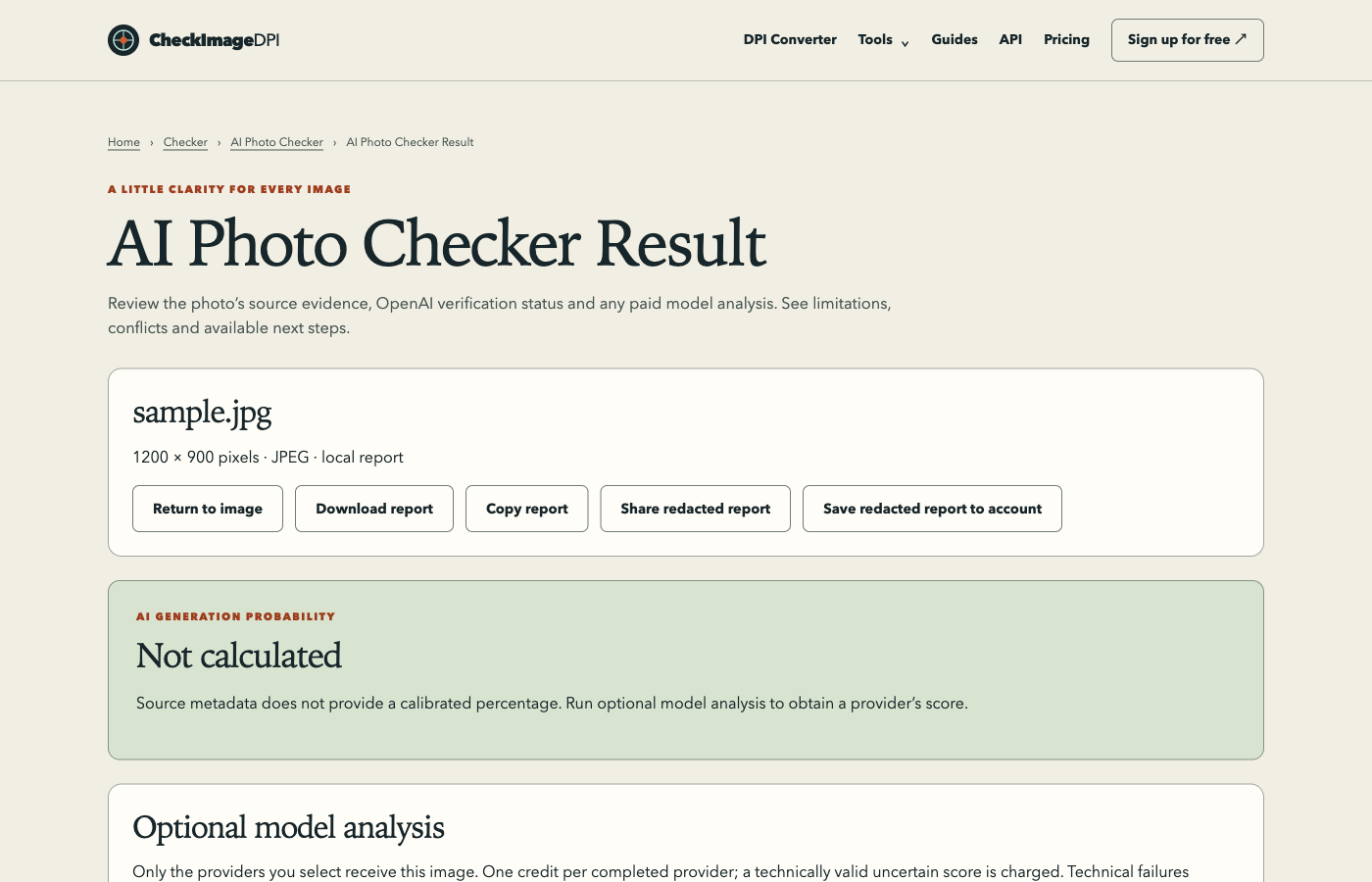 AI Photo Checker result showing the completed public sample evidence report and analysis sections.