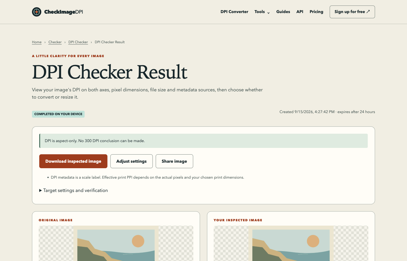 DPI Checker result opened in a browser with the public sample image, showing pixels and resolution fields.