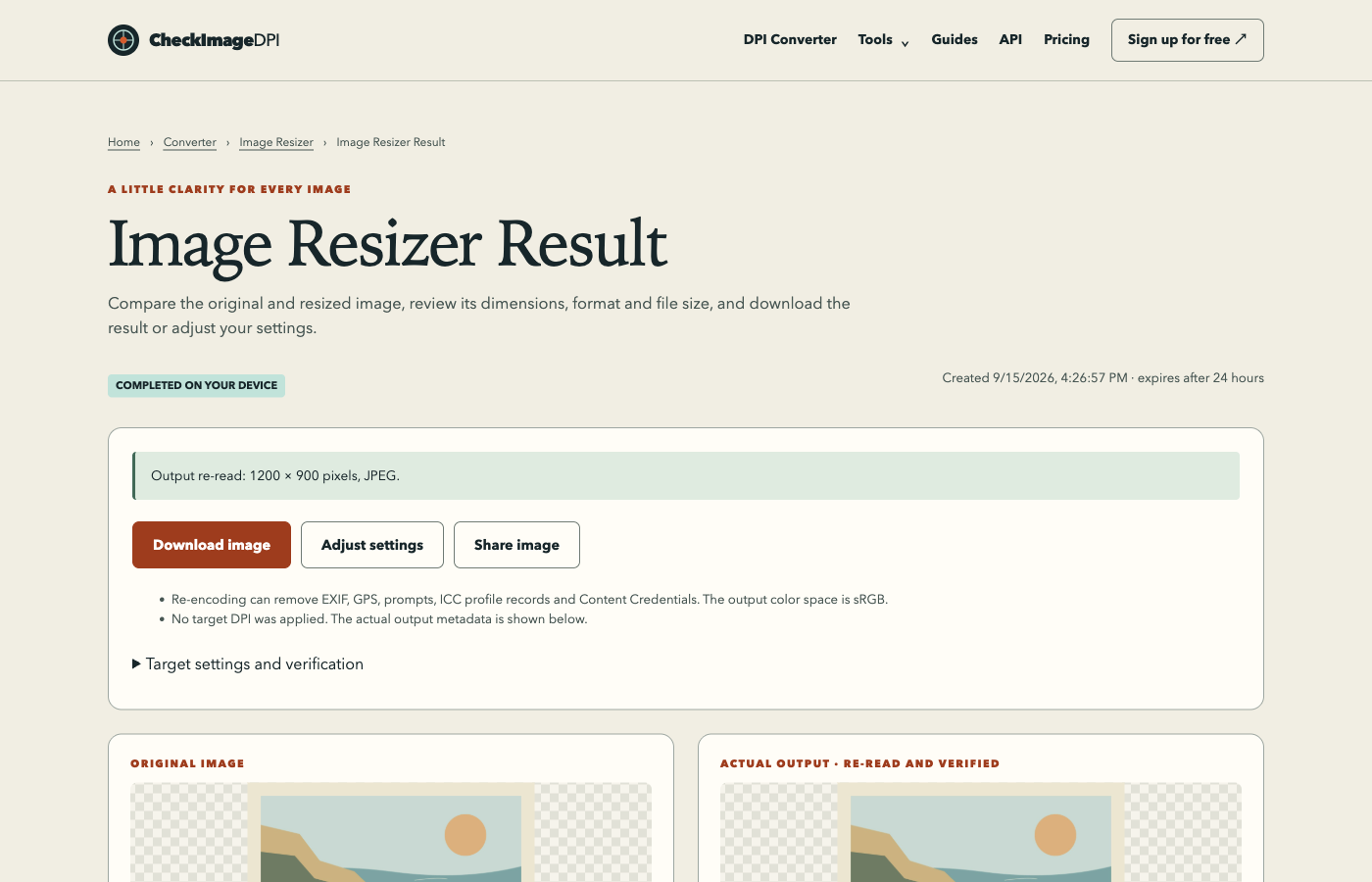 Image Resizer result showing the completed resized sample and output verification details.